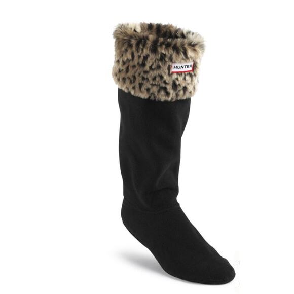 Hunter boot liners Black fleece w/ leopard cuff Designed to fit tall boot Sz M L - Picture 1 of 6